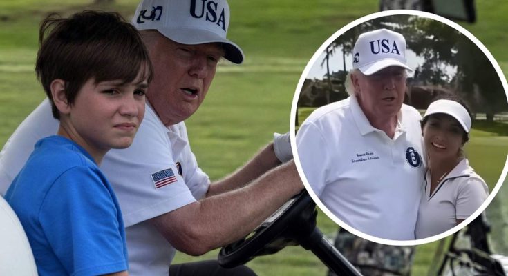 donald Trump driving golf cart with teenage grandson, inset photo with woman golfer, USA