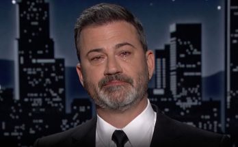 emotional TV host with tears in cityscape backdrop