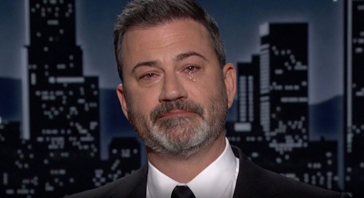 emotional TV host with tears in cityscape backdrop
