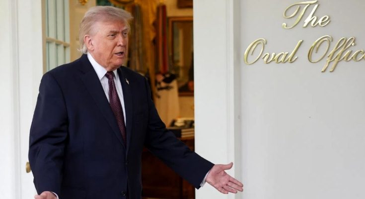 donald Trump gestures with open hands outside The Oval Office door with headline about