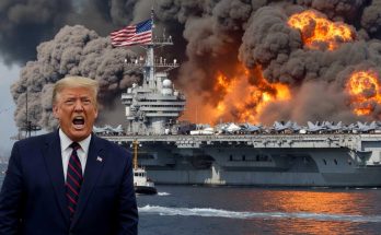 explosive scene with aircraft carrier and public figure