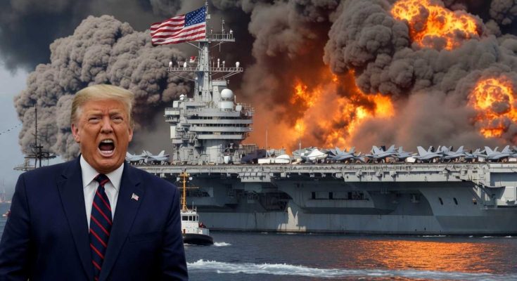 explosive scene with aircraft carrier and public figure