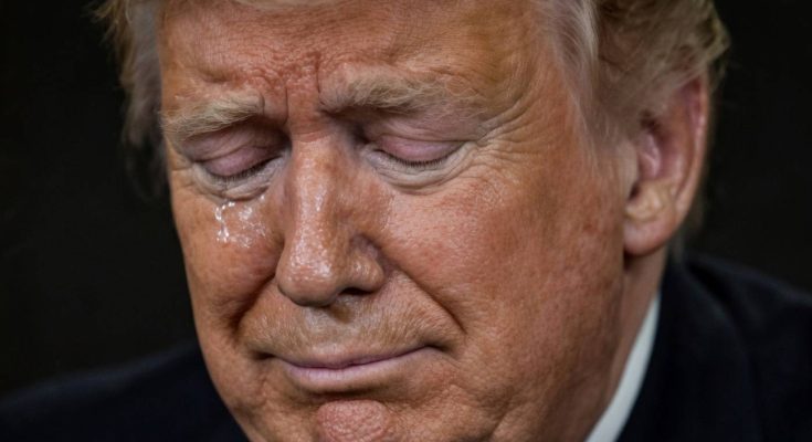 donald Trump with eyes closed and tear on cheek, dark suit, red tie, bold yellow text