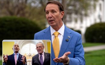 politician speaking outdoors with inset of two officials indoors