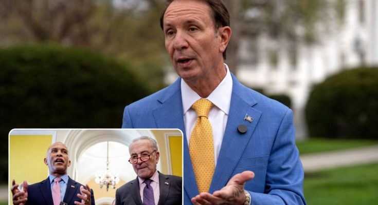 politician speaking outdoors with inset of two officials indoors