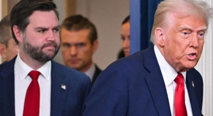donald Trump speaking in foreground with JD Vance behind him, bold headline reads JUST