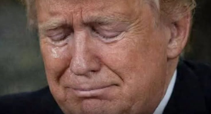 donald Trump crying with tears streaming down his face in close-up portrait