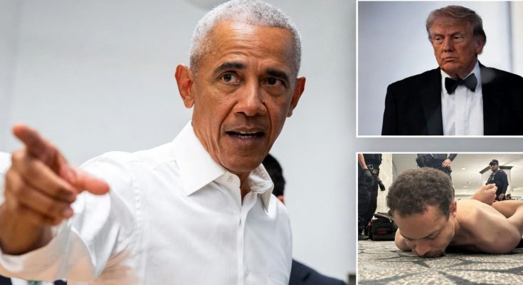 former president in white shirt pointing while speaking indoors