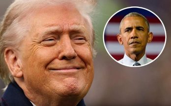 donald Trump smirking with Barack Obama inset photo and headline about social media