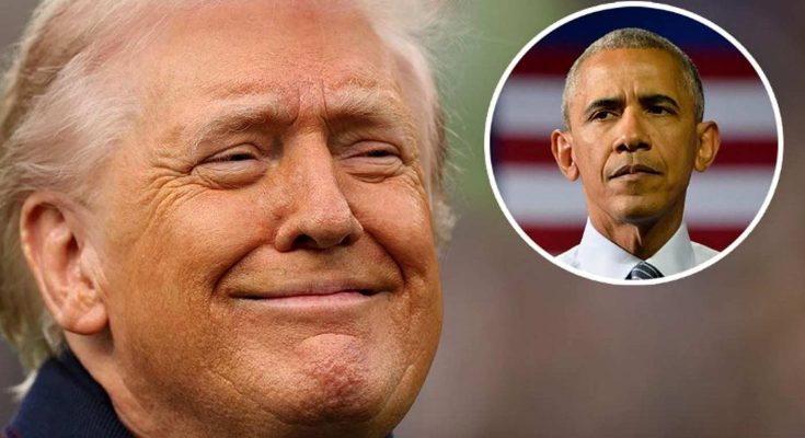 donald Trump smirking with Barack Obama inset photo and headline about social media