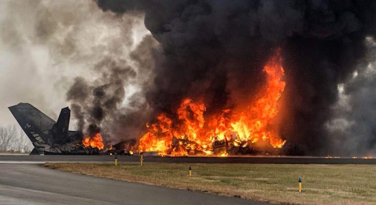 burning aircraft engulfed in flames on airport runway