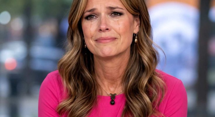 woman in pink top with tearful expression indoors