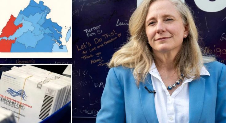 virginia Representative Abigail Spanberger in blue blazer with electoral map and mail