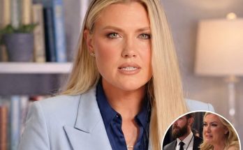 blonde woman in blue suit speaks with serious expression, inset shows couple arguing