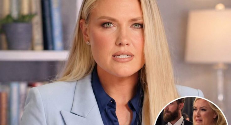 blonde woman in blue suit speaks with serious expression, inset shows couple arguing