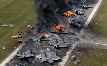 multiple F-22 fighter jets destroyed by fire and explosions on an airfield runway with