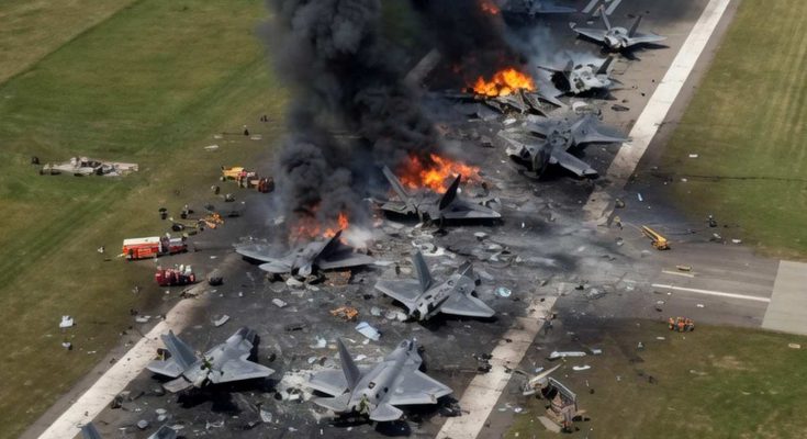 multiple F-22 fighter jets destroyed by fire and explosions on an airfield runway with