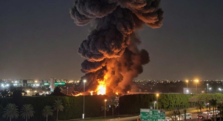 massive fire and smoke near busy freeway at night