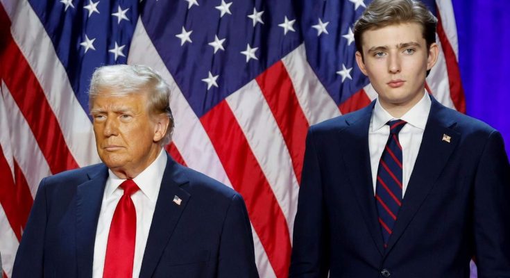 donald Trump and son Barron Trump stand side by side in navy suits before American flags