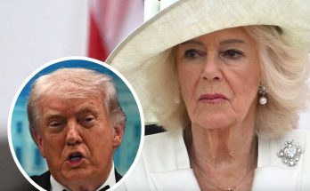 elegant woman in white hat alongside older man speaking
